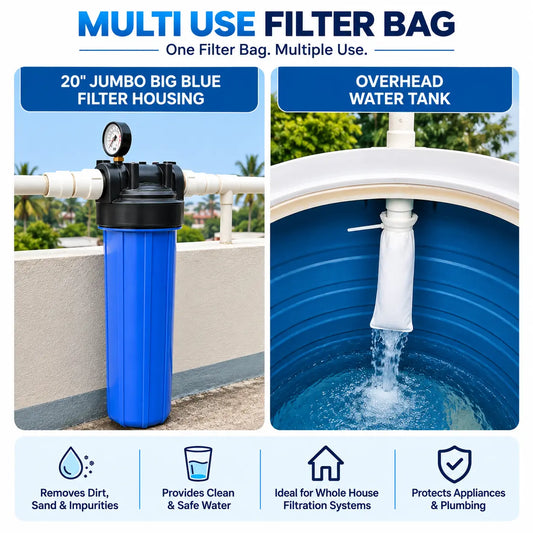 20-inch PP filter bag shown in a Big Blue filter housing and an overhead water tank