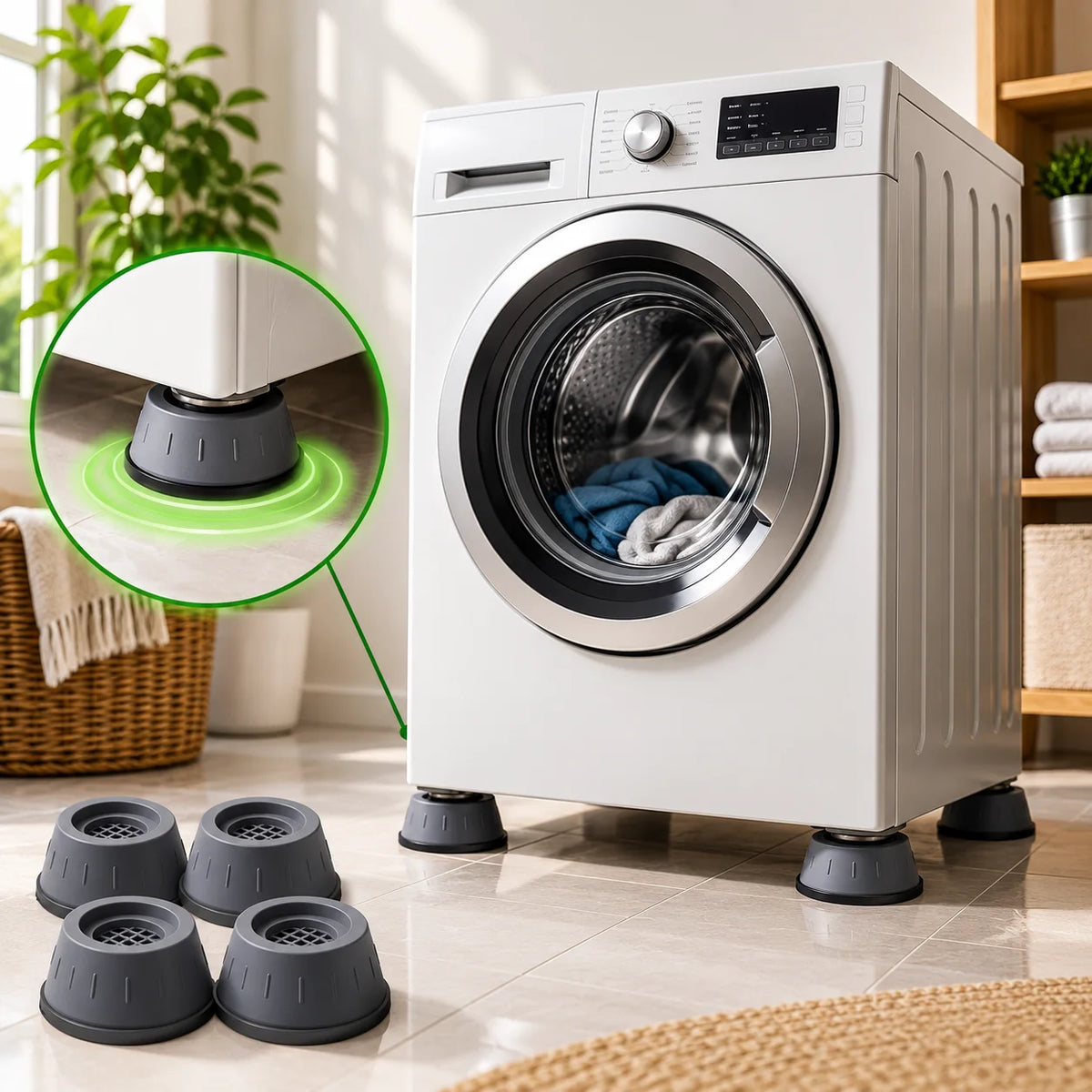 Set of four grey anti-vibration pads under a front load washing machine to help reduce vibration and movement.