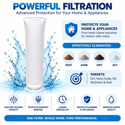 White 5-micron sediment filter bag designed to capture dirt, sand, silt and rust particles