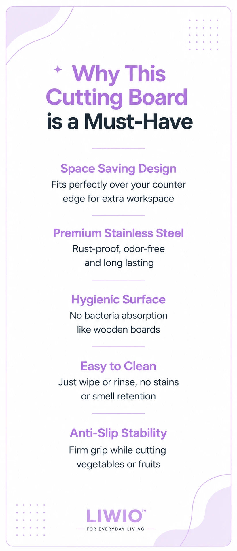 Liwio stainless steel chopping board features including space-saving design, easy cleaning, hygienic surface and countertop stability.