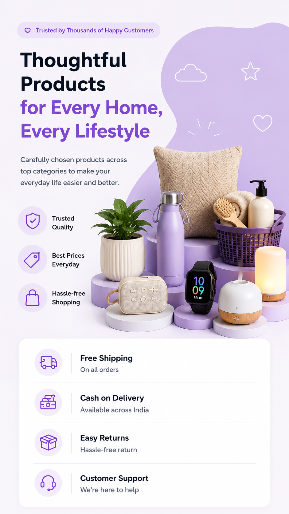 Liwio multi-category online store homepage banner featuring quality products for every home and lifestyle, with trusted quality, everyday value, free shipping, cash on delivery, easy returns and customer support.