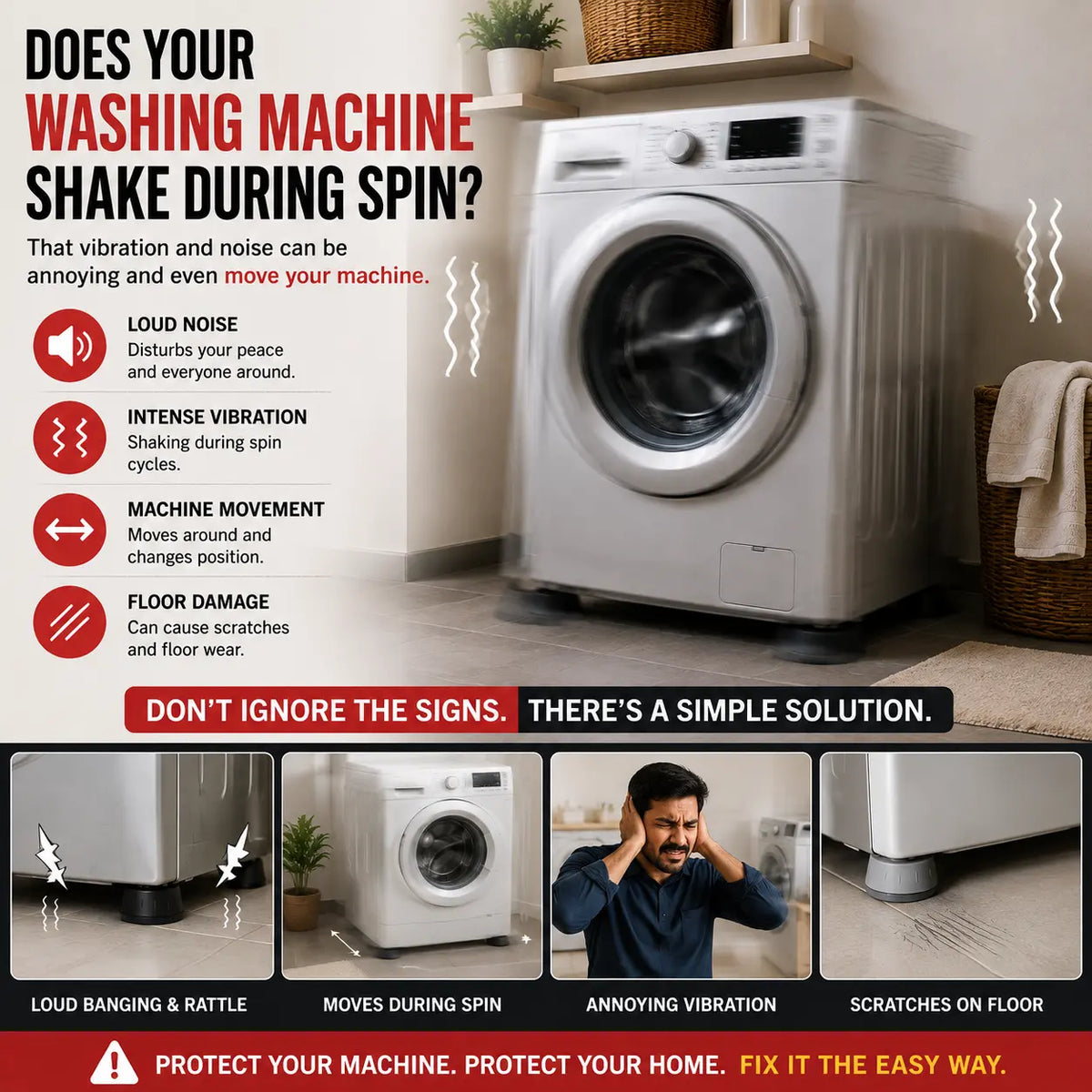 Illustration of a washing machine shaking during the spin cycle, highlighting noise, vibration and possible floor scratches.