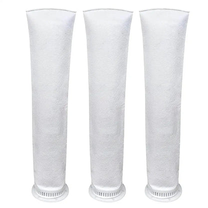 Three white water tank sediment filter bags for household water filtration