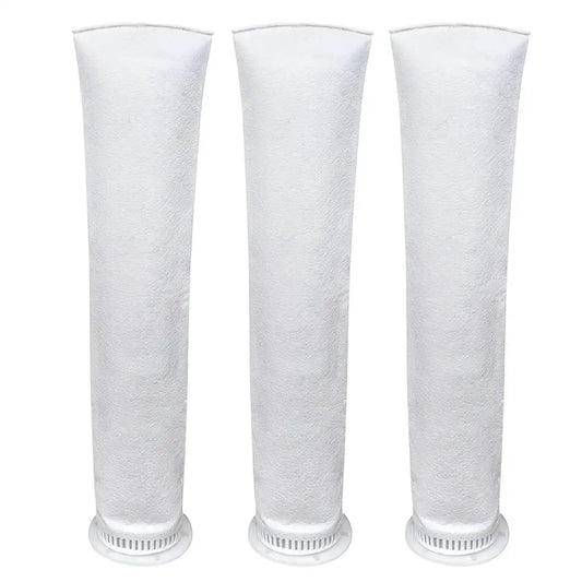 Three white water tank sediment filter bags for household water filtration