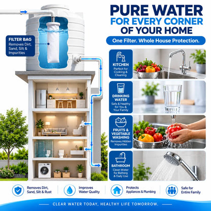 Water tank sediment filter bag helps reduce dirt, sand, silt and rust particles in household water